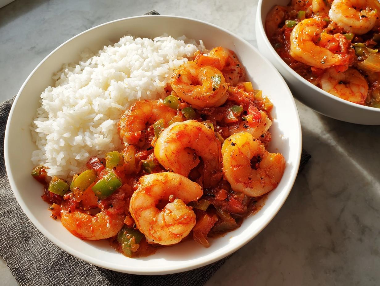 Close-up of a bowl featuring seasoned shrimp in a tomato-based sauce with peppers, served alongside fluffy white rice, fitting for shrimp recipes.