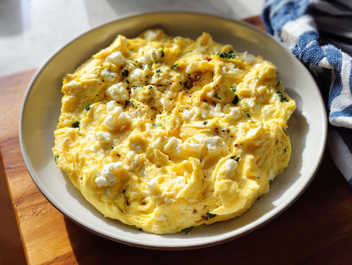 A plate of fluffy scrambled eggs topped with crumbled feta cheese and black pepper, a perfect example of the only egg recipes you'll need.