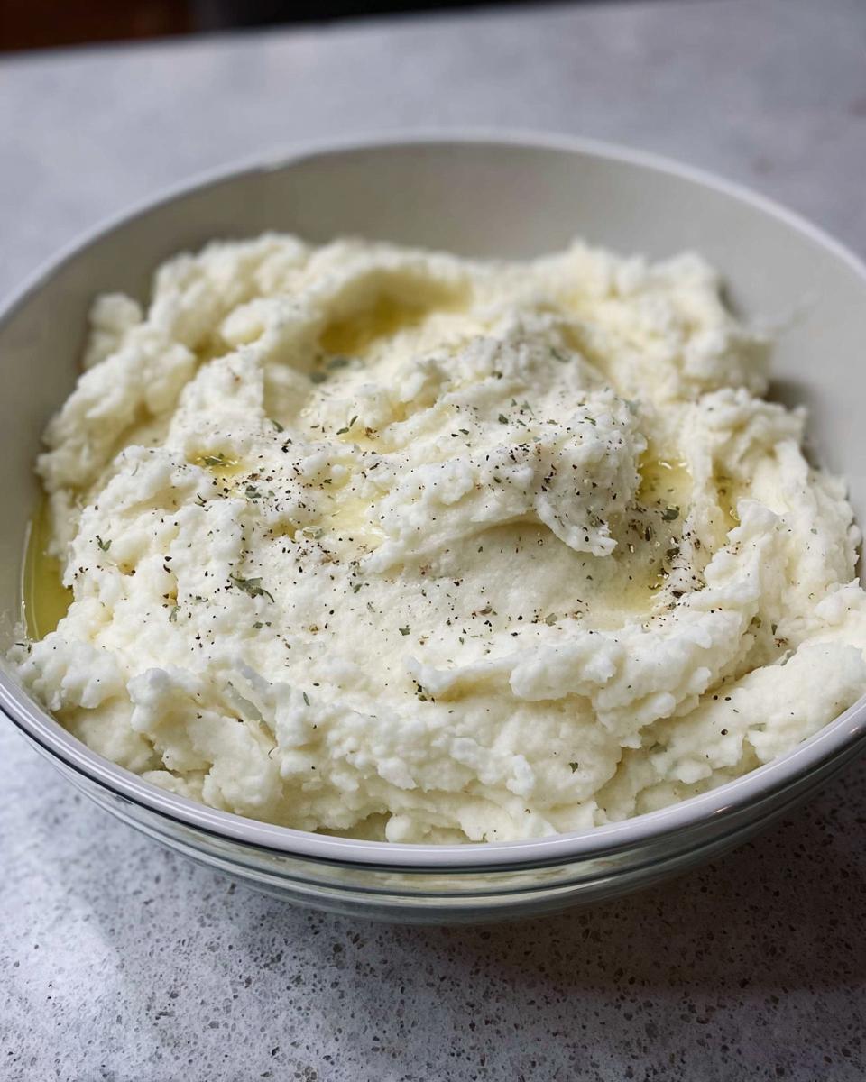 A close-up of fluffy mashed potatoes in a bowl, drizzled with melted butter and sprinkled with pepper and herbs.