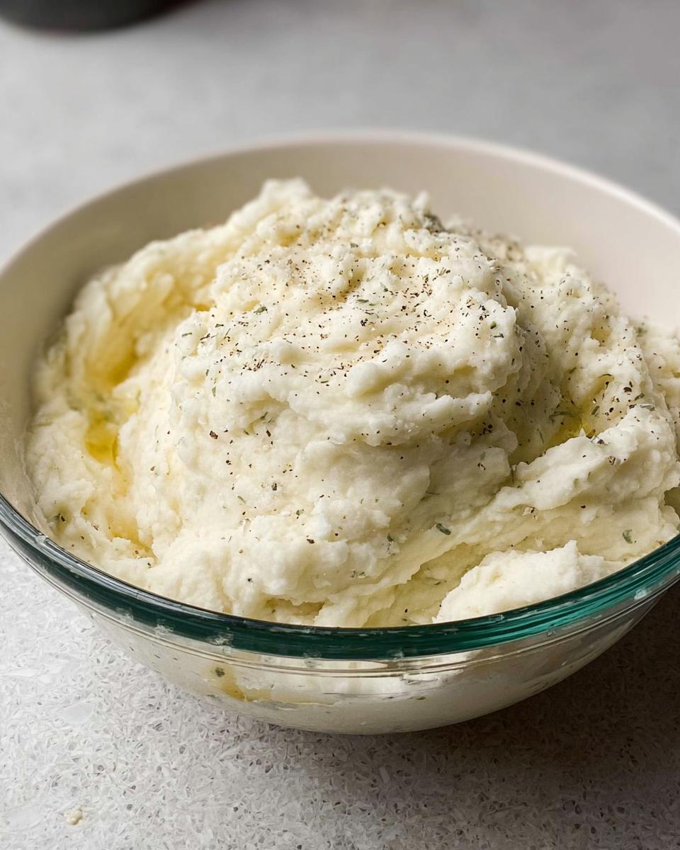A close-up of creamy, fluffy mashed potatoes recipe in a glass bowl, seasoned with cracked black pepper.