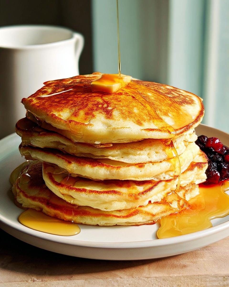 A tall stack of fluffy pancakes being drizzled with syrup, topped with butter, part of The Ultimate Breakfast Ideas Recipes Guide for Beginners.