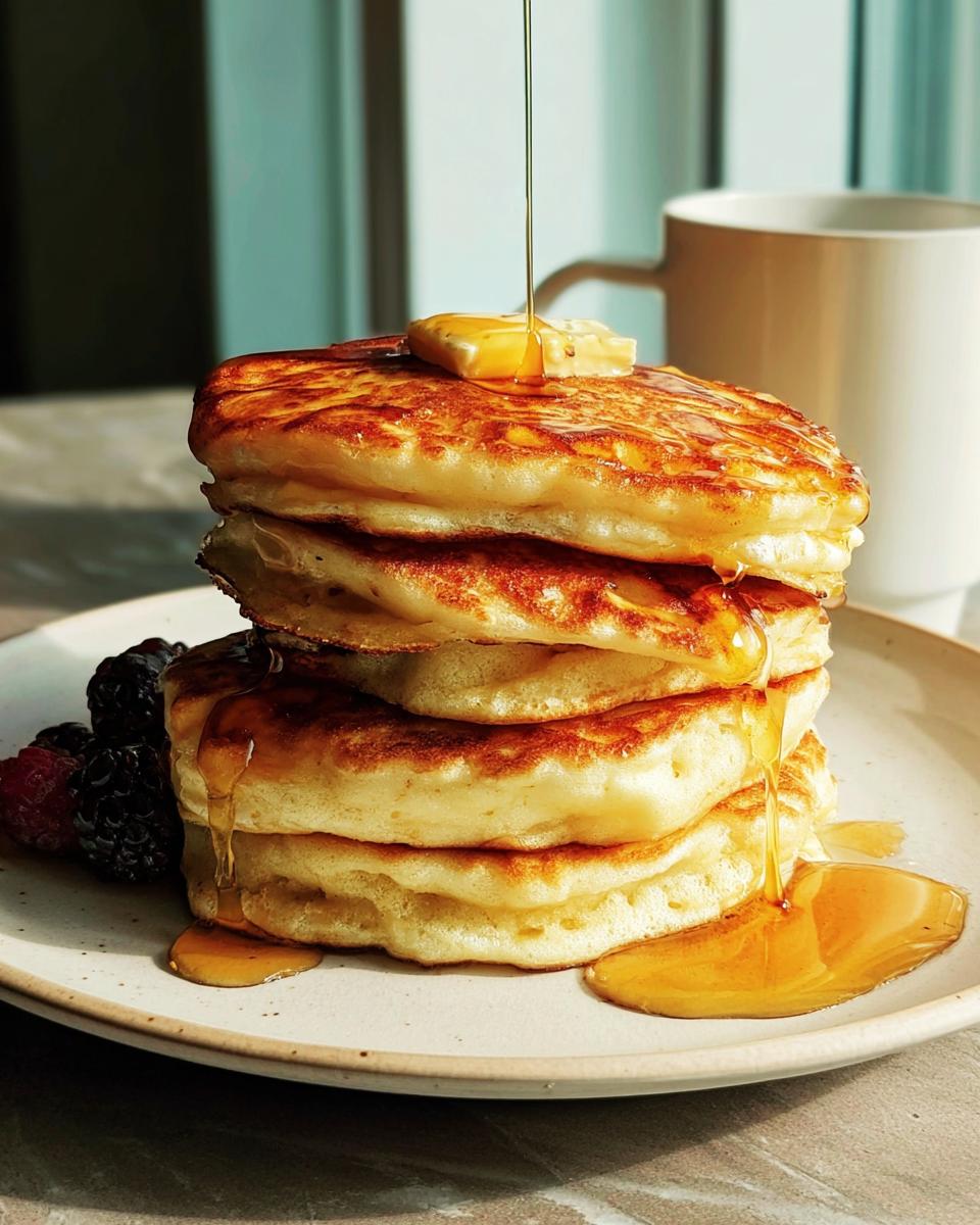 A tall stack of fluffy pancakes drizzled with syrup, topped with butter, as one of The Ultimate Breakfast Ideas Recipes for Beginners.