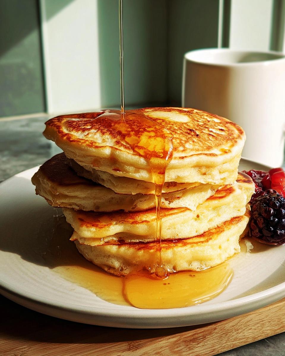 Stack of fluffy pancakes being drizzled with maple syrup, served with berries, a great breakfast idea for beginners.
