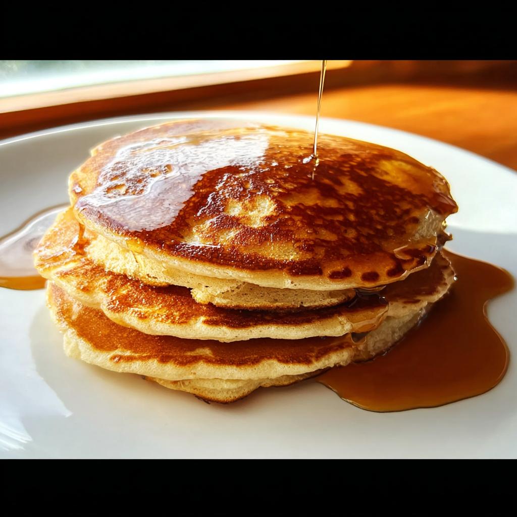 A stack of three golden brown pancakes being drizzled with syrup, perfect for breakfast ideas recipes.
