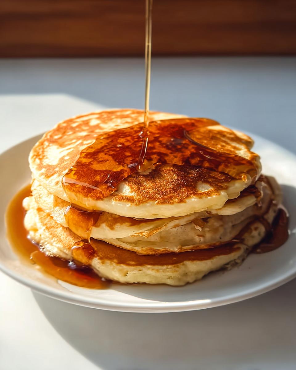 A tall stack of fluffy pancakes being drizzled with maple syrup, perfect for breakfast ideas recipes.