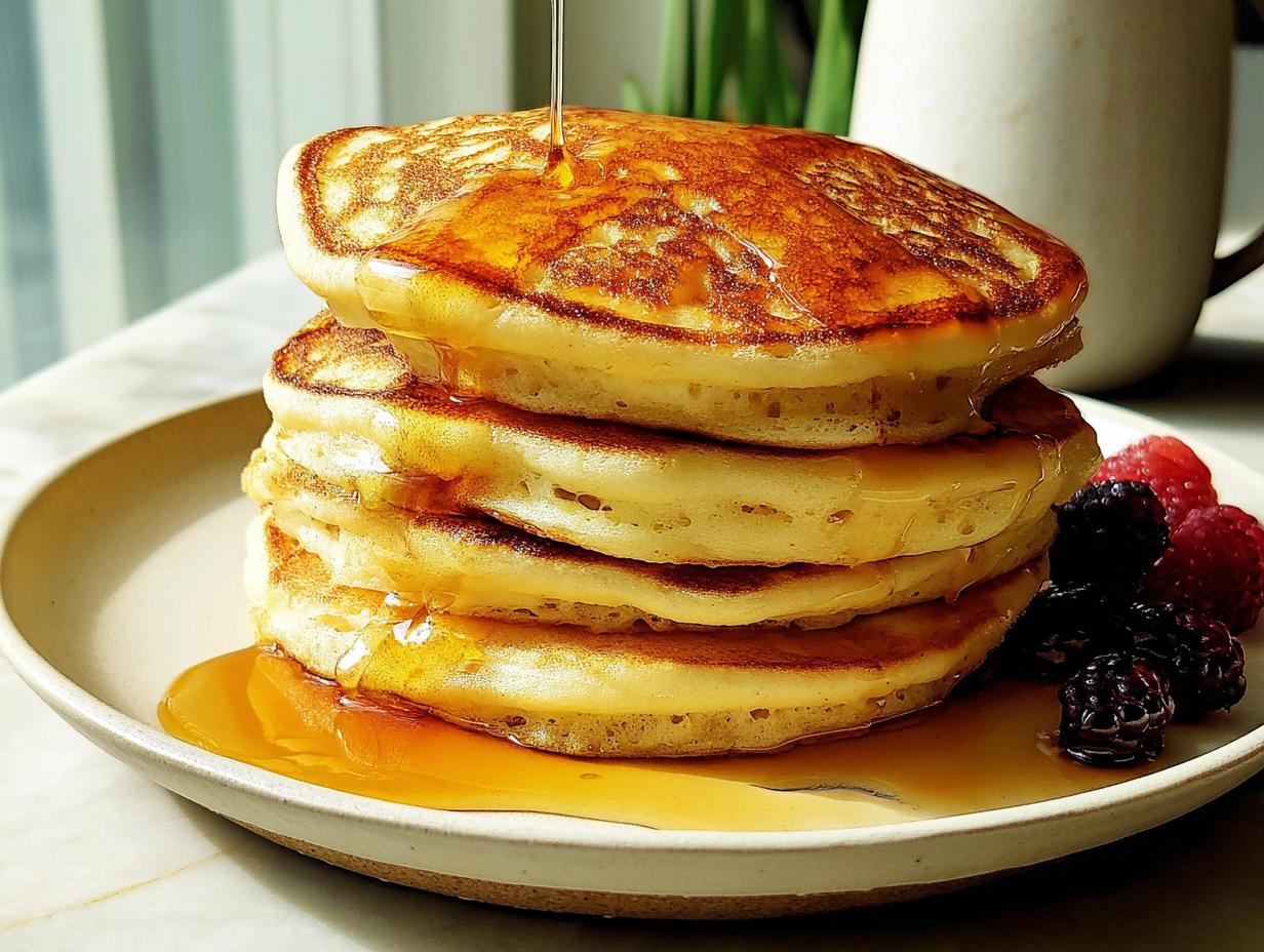 A stack of four fluffy pancakes being drizzled with maple syrup, served with fresh berries, a great breakfast ideas recipe.