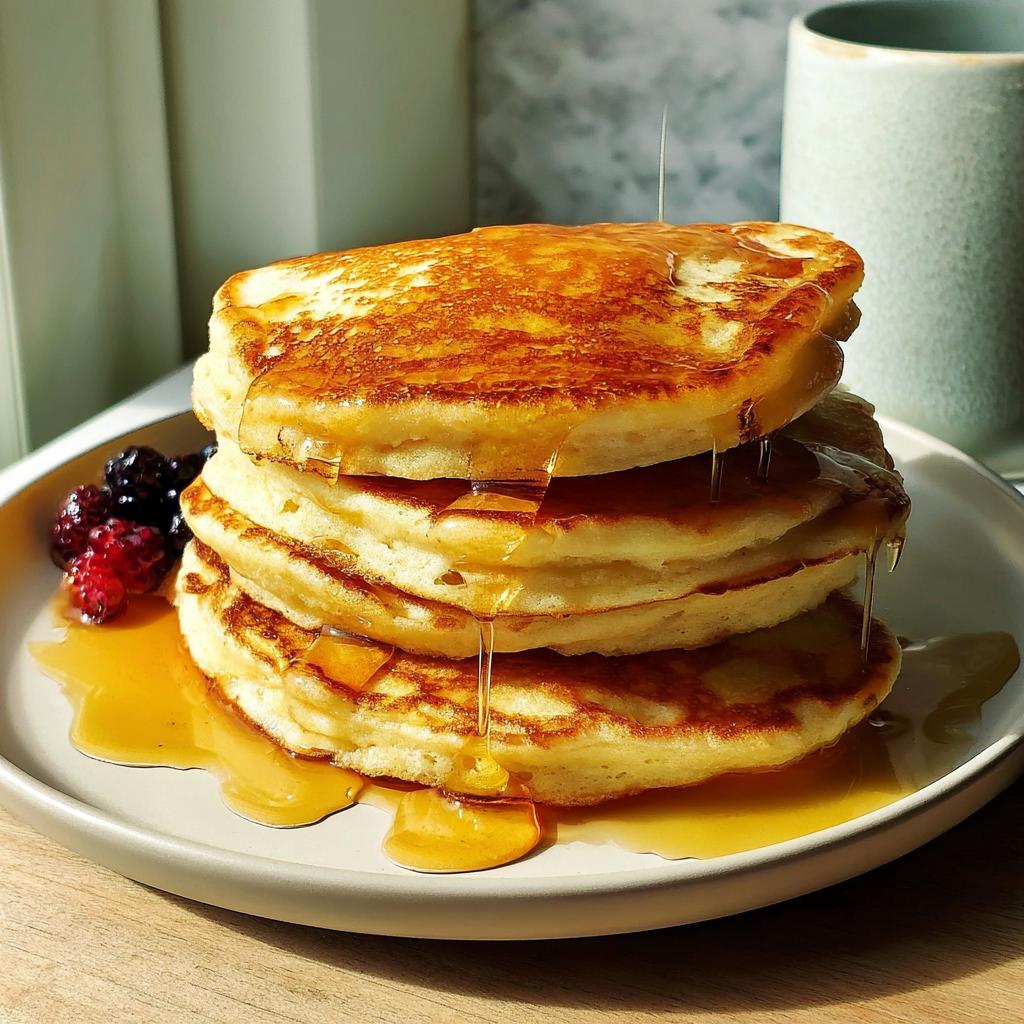 A tall stack of fluffy pancakes drizzled with golden syrup, served with fresh berries, perfect for The Ultimate Breakfast Ideas Recipes Guide for Beginners.