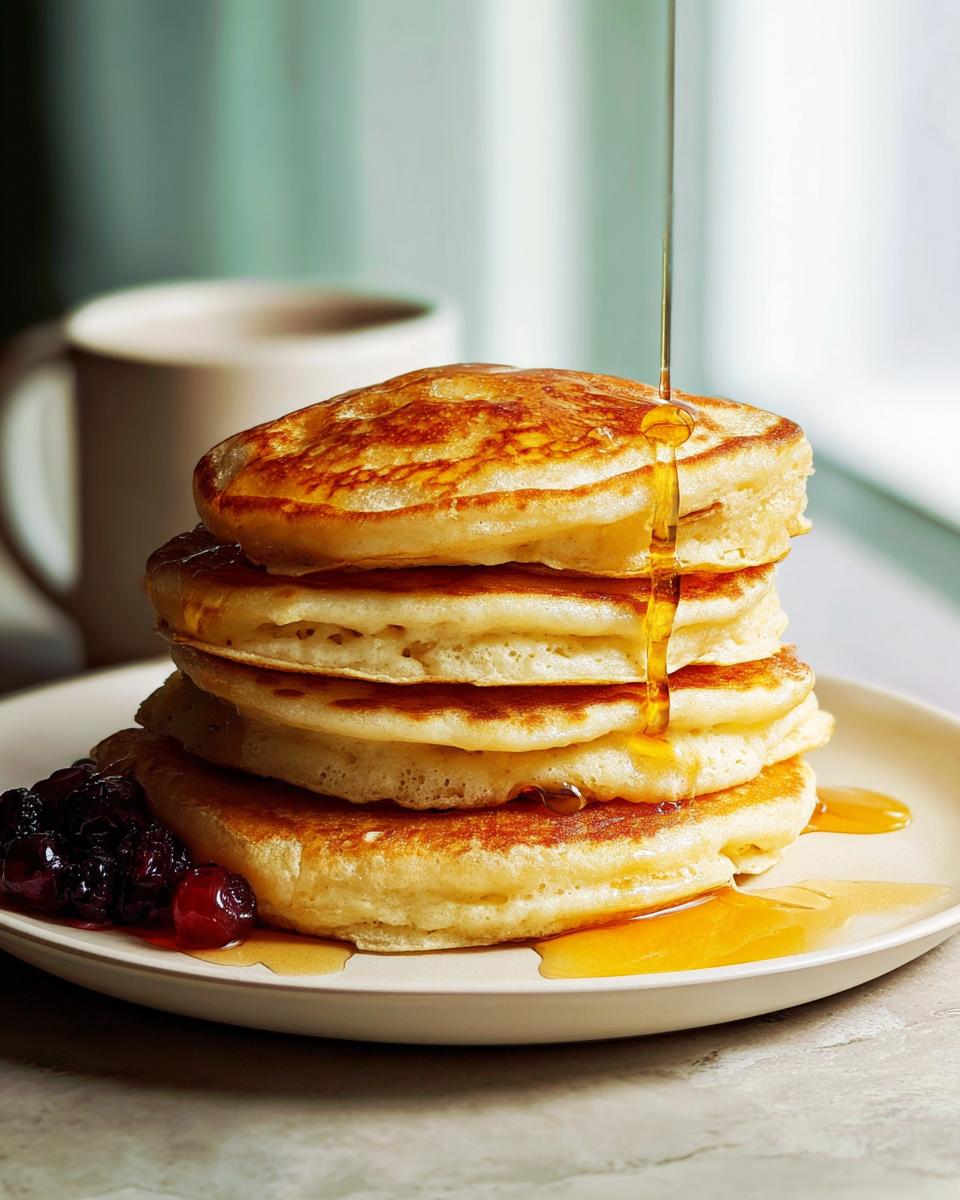 Stack of fluffy pancakes being drizzled with maple syrup, served with berry compote, part of The Ultimate Breakfast Ideas Recipes Guide for Beginners.