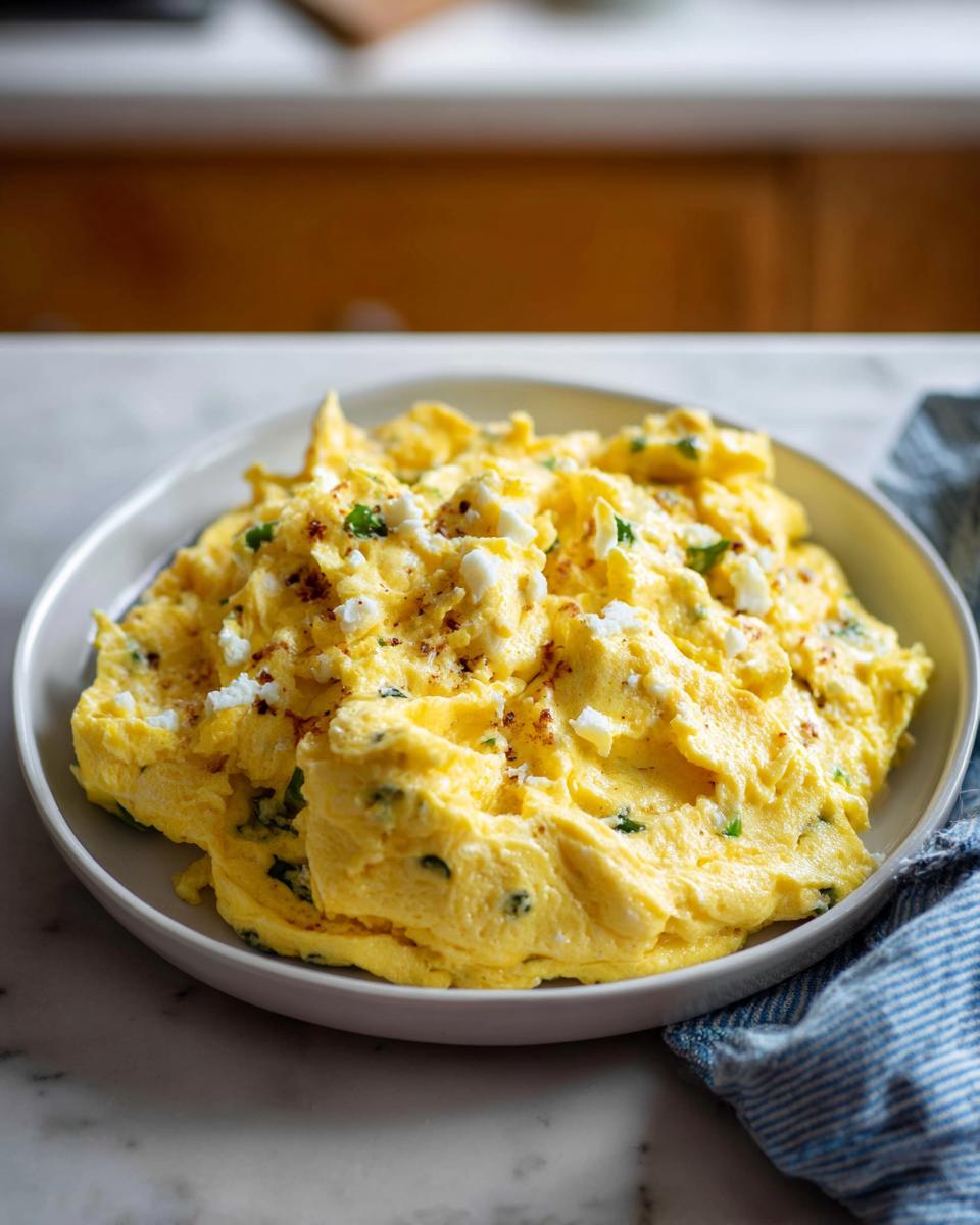 A bowl of fluffy, creamy scrambled eggs topped with feta cheese and herbs, a perfect example of The Only Egg Recipes Recipe You’ll Need.