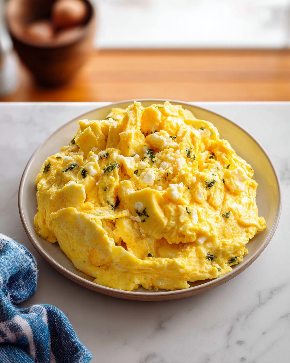 A plate of fluffy, creamy scrambled eggs topped with white feta cheese crumbles and green herbs, part of The Only Egg Recipes Recipe You’ll Need.