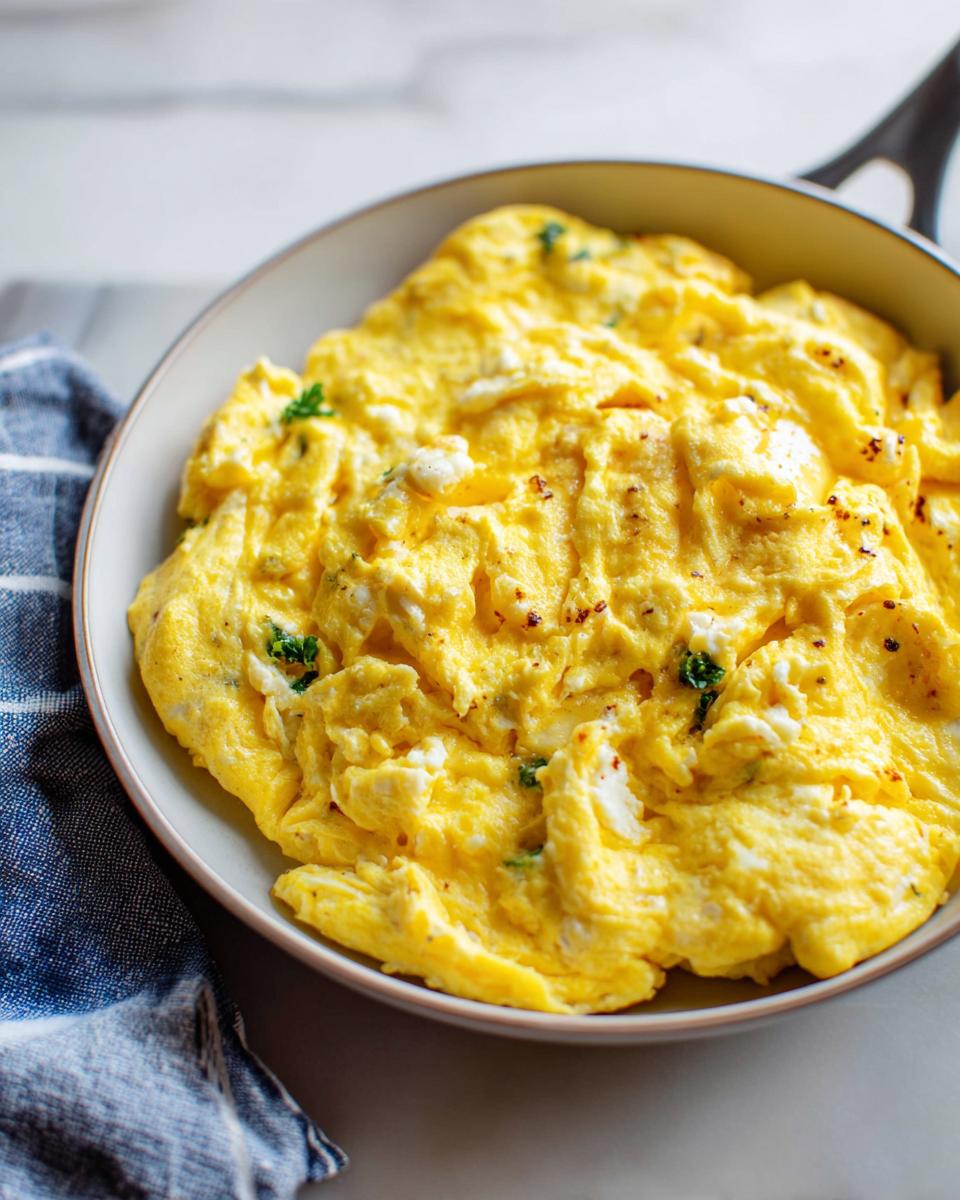 Fluffy, creamy scrambled eggs seasoned with herbs and pepper served directly in a light-colored skillet. A great example of egg recipes.