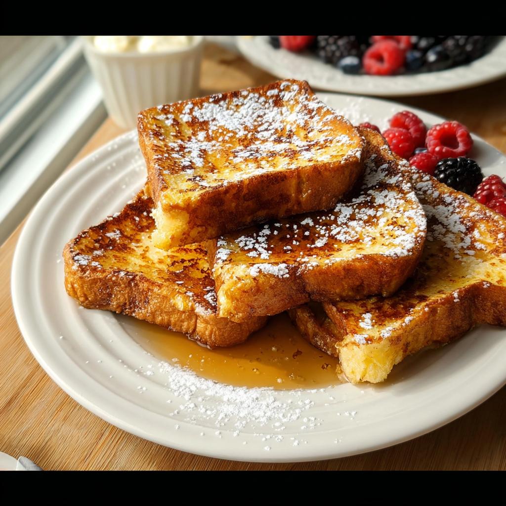 Golden brown French toast slices dusted with powdered sugar and drizzled with syrup, perfect for Breakfast Ideas Recipes in 20 Minutes.