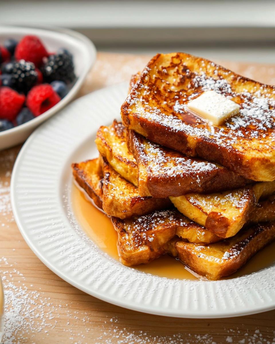 Stack of golden brown French toast topped with butter and powdered sugar, part of quick Breakfast Ideas Recipes in 20 Minutes.