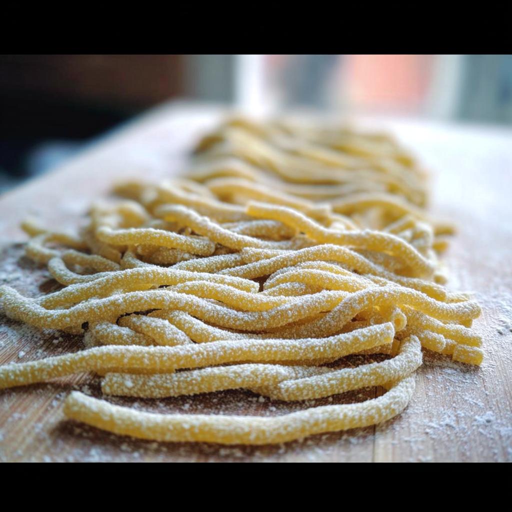 Close-up of fresh, hand-rolled pasta dusted with flour, ready for cooking in pasta recipes.