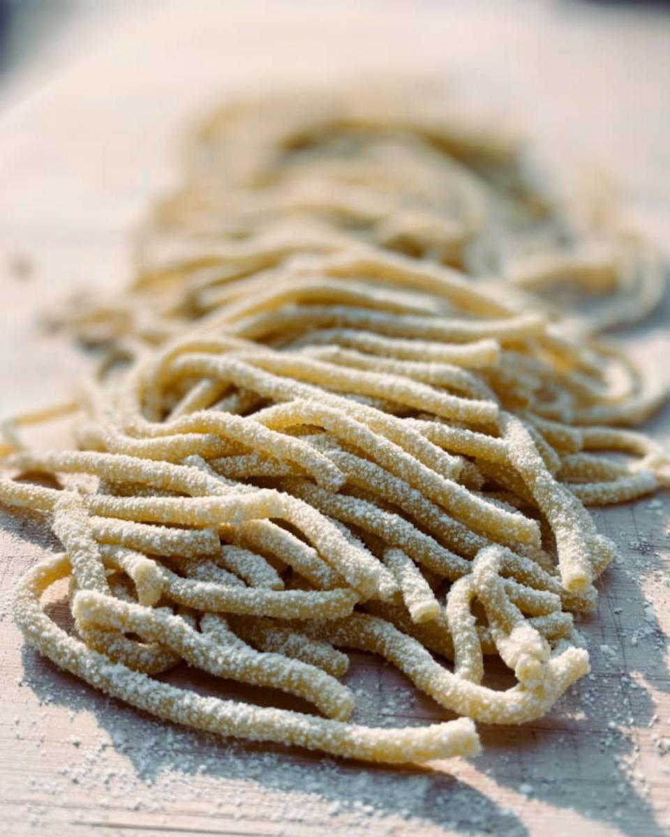 Close-up of fresh, hand-rolled pasta strands dusted with flour, illustrating how to make pasta recipes like a pro.