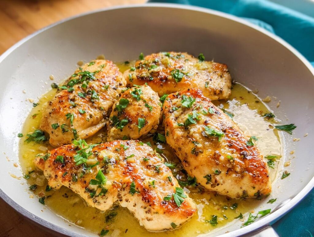 Four golden-brown chicken breasts simmering in garlic butter sauce, a perfect example of 7 Genius Healthy Meals Recipes Ideas for Busy Weeknights.