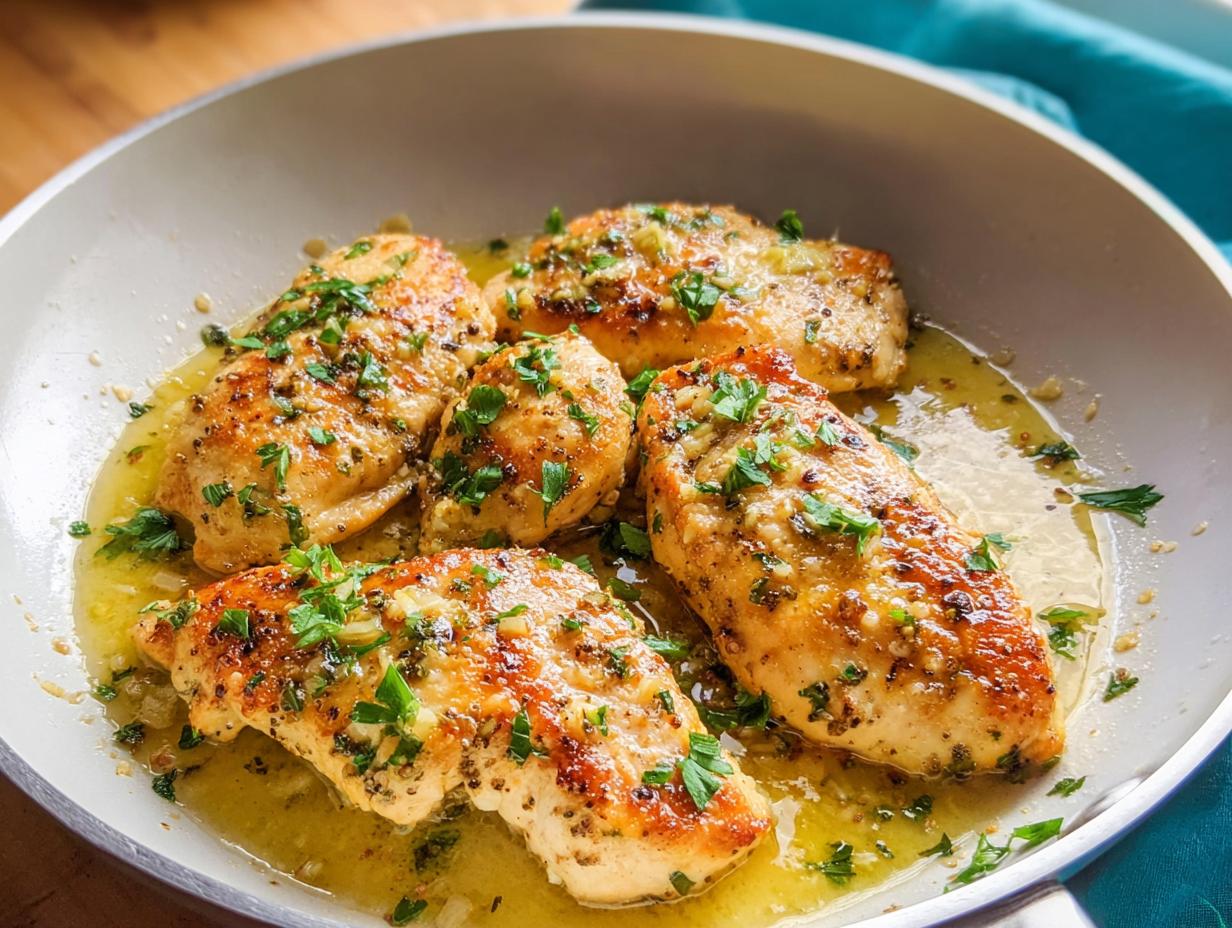 Four golden-brown chicken breasts simmering in garlic butter sauce, a perfect example of 7 Genius Healthy Meals Recipes Ideas for Busy Weeknights.