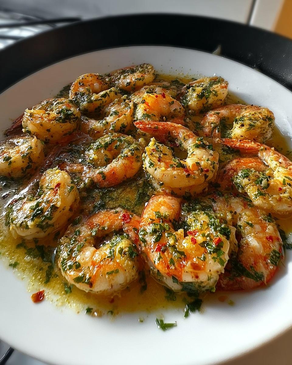Close-up of plump shrimp sautéed in garlic butter sauce with fresh parsley, perfect for Restaurant-Style Shrimp Recipes at Home.