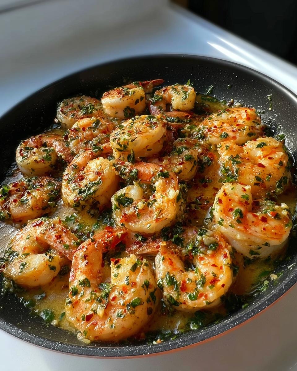 Close-up of succulent shrimp sautéed in garlic butter sauce with parsley and chili flakes, perfect for Restaurant-Style Shrimp Recipes at Home.