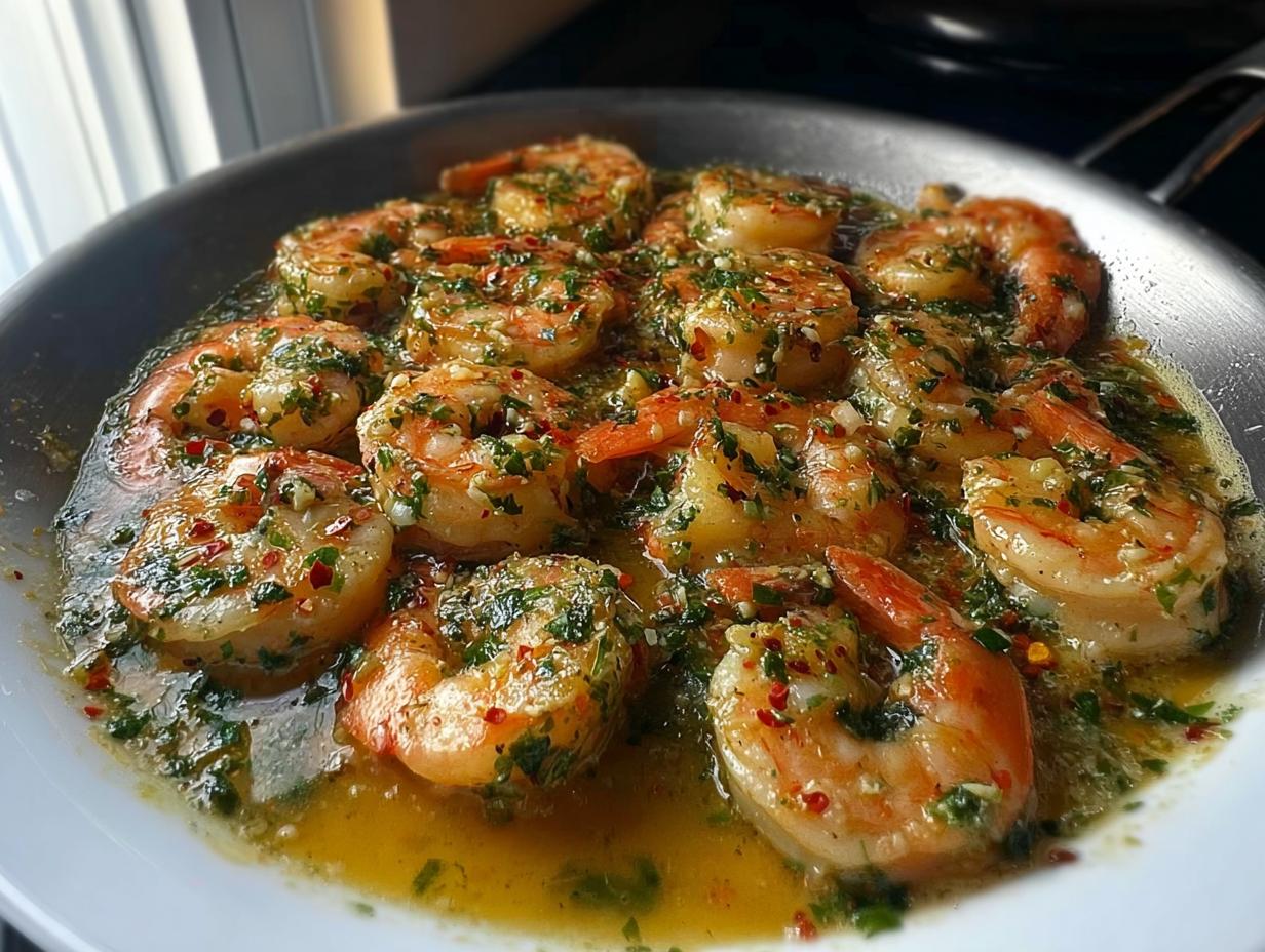 Close-up of succulent shrimp cooked in garlic butter sauce with herbs and chili flakes, perfect for Restaurant-Style Shrimp Recipes at Home.
