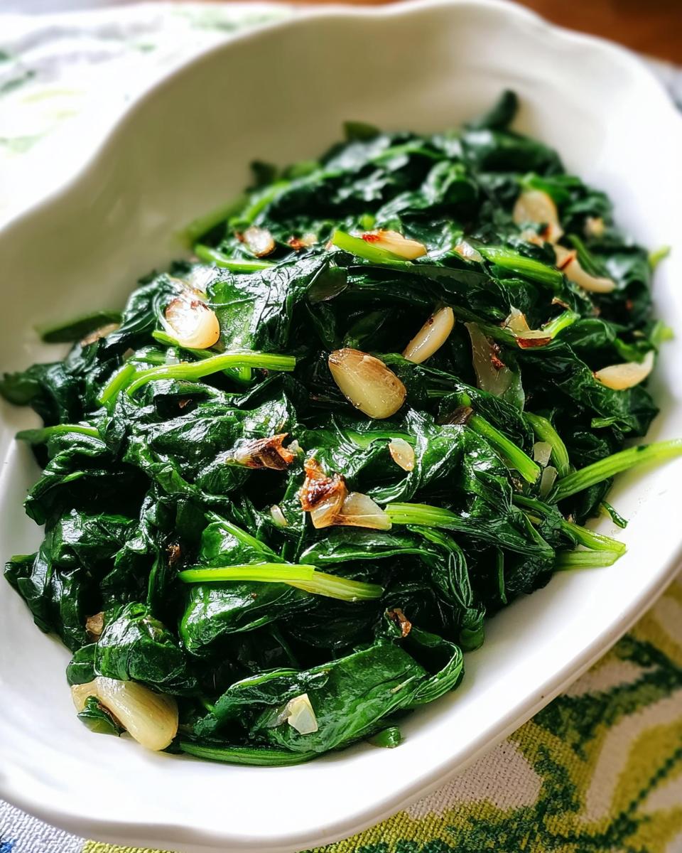 A close-up of vibrant green sautéed spinach topped with sliced garlic, perfect for 20-Ingredient Veggie Sides Recipes.