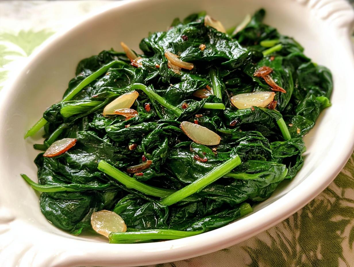 Close-up of vibrant, glossy sautéed spinach with sliced garlic, perfect for 20-Ingredient Veggie Sides Recipes.