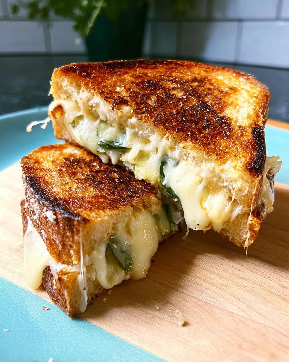 Close-up of a perfectly grilled cheese sandwich cut in half, showing melted cheese oozing out with green vegetable slices inside.