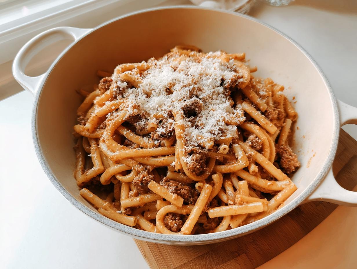 A bowl of short, tubular pasta coated in rich meat sauce and topped with grated Parmesan cheese, perfect for busy weeknight pasta ideas.