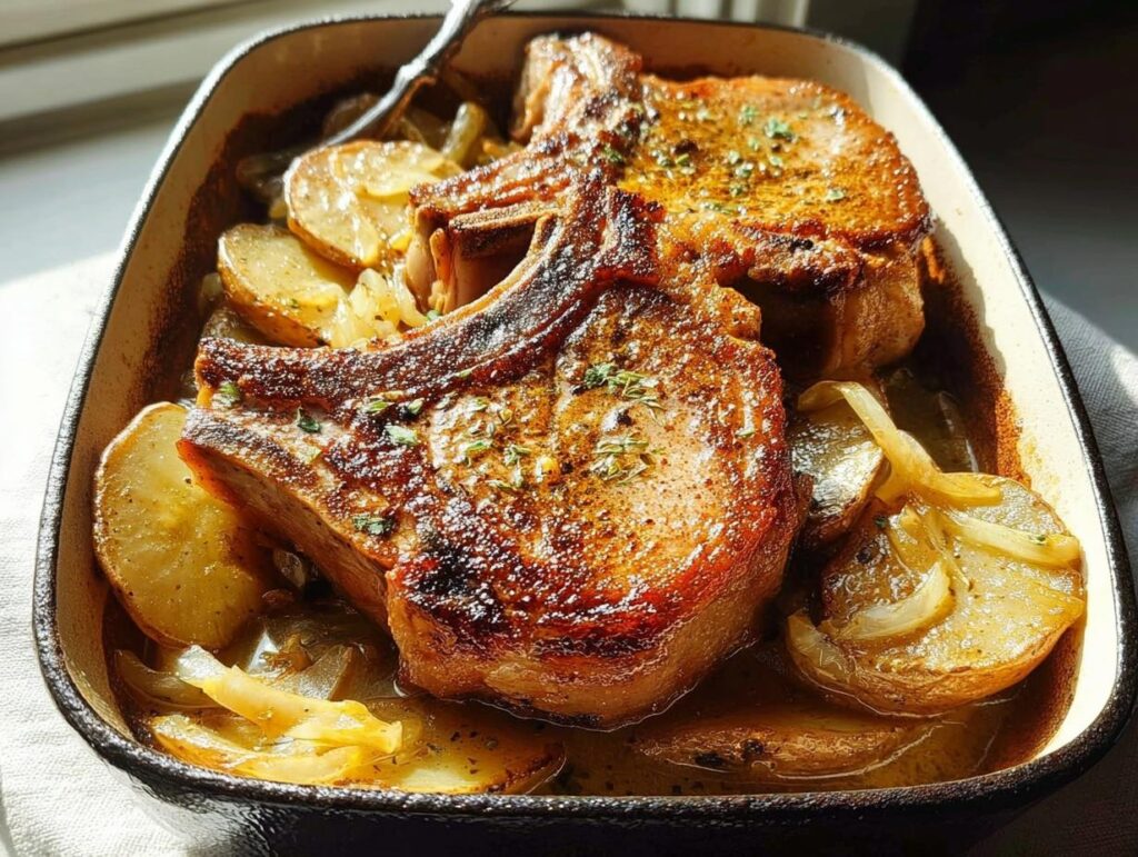 Two perfectly seared bone-in pork chops resting on a bed of sliced potatoes and onions in a baking dish.