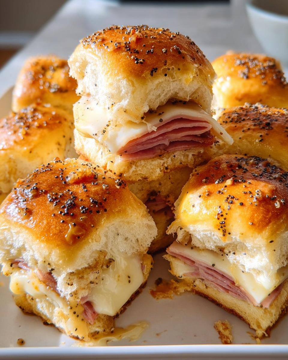 Close-up of baked ham and cheese sliders with poppy seed topping, perfect for busy weeknights.