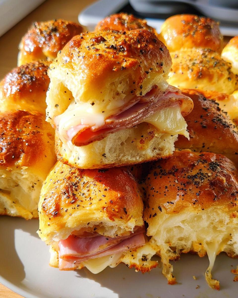 Close-up of baked ham and cheese sliders with melted cheese, part of 12 Genius Sandwich Ideas Recipes.