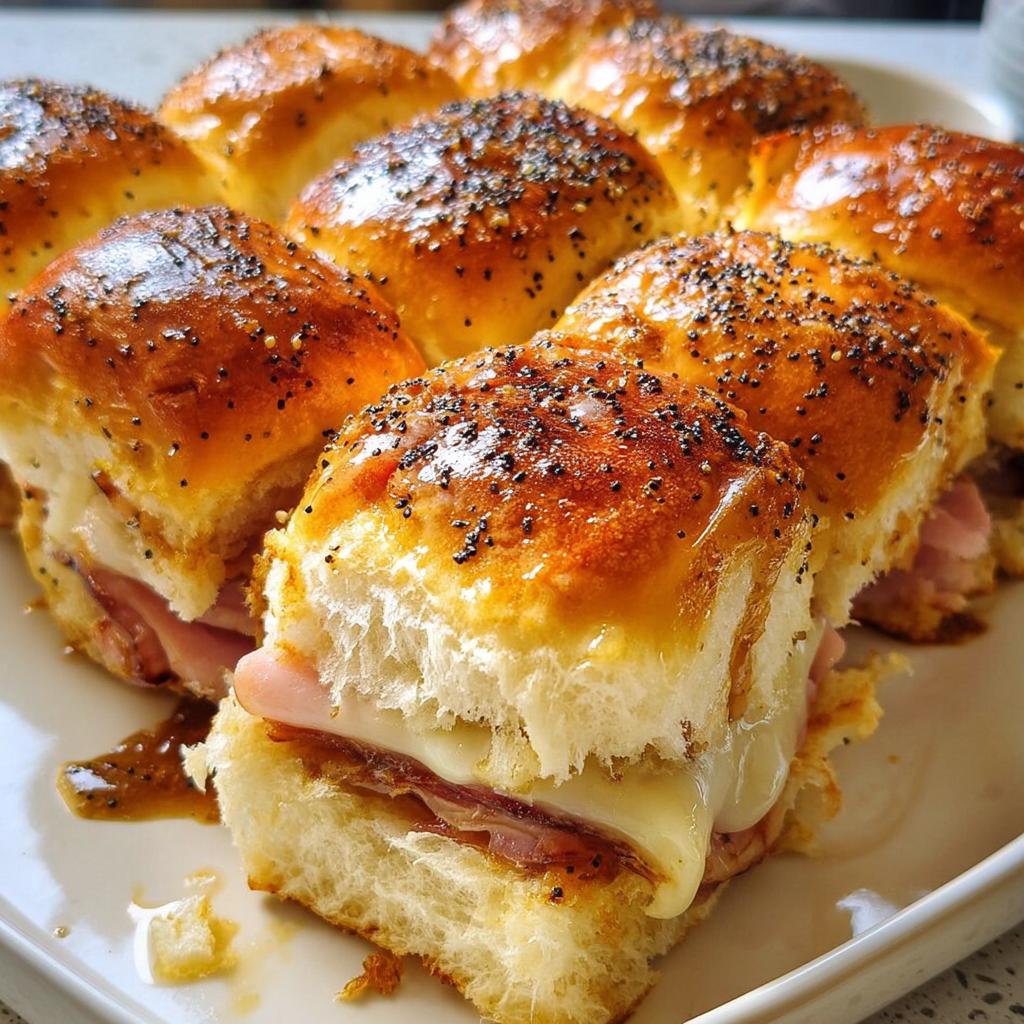 Close-up of baked ham and cheese slider sandwich ideas topped with poppy seeds and glaze.