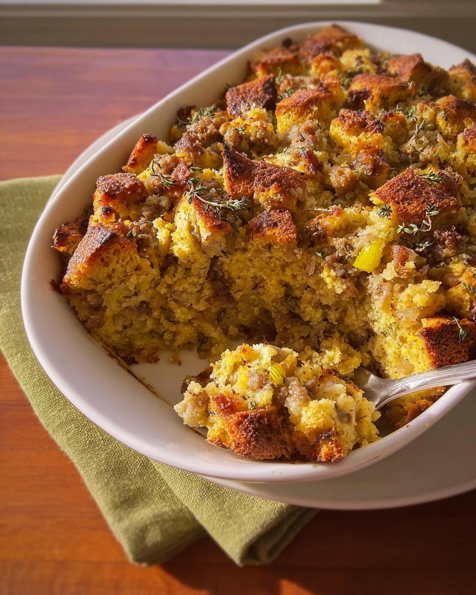 A spoonful of savory cornbread stuffing being lifted from a white baking dish, one of 12 genius stuffing recipes ideas.