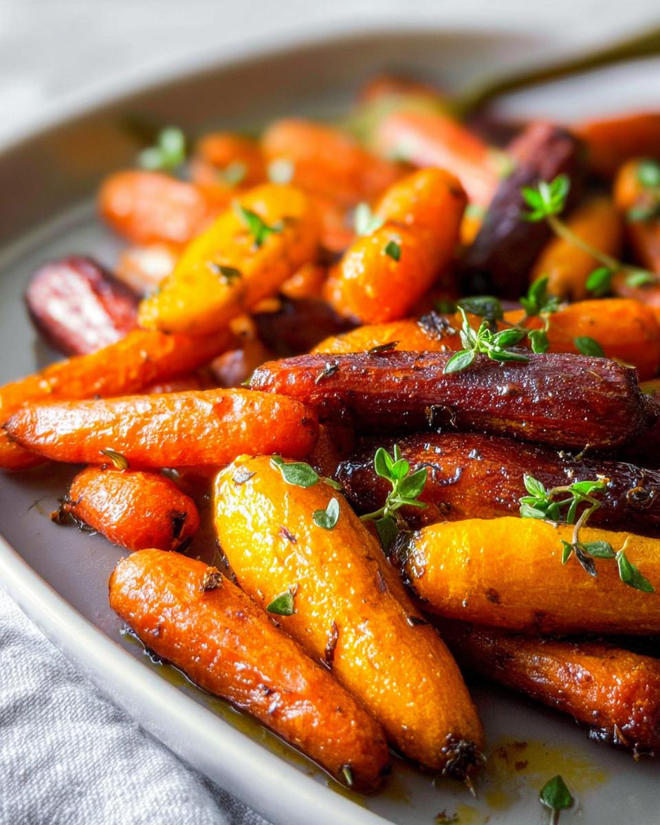 Close-up of glistening, roasted baby carrots garnished with fresh thyme, perfect for Veggie Sides Recipes Meal Prep.