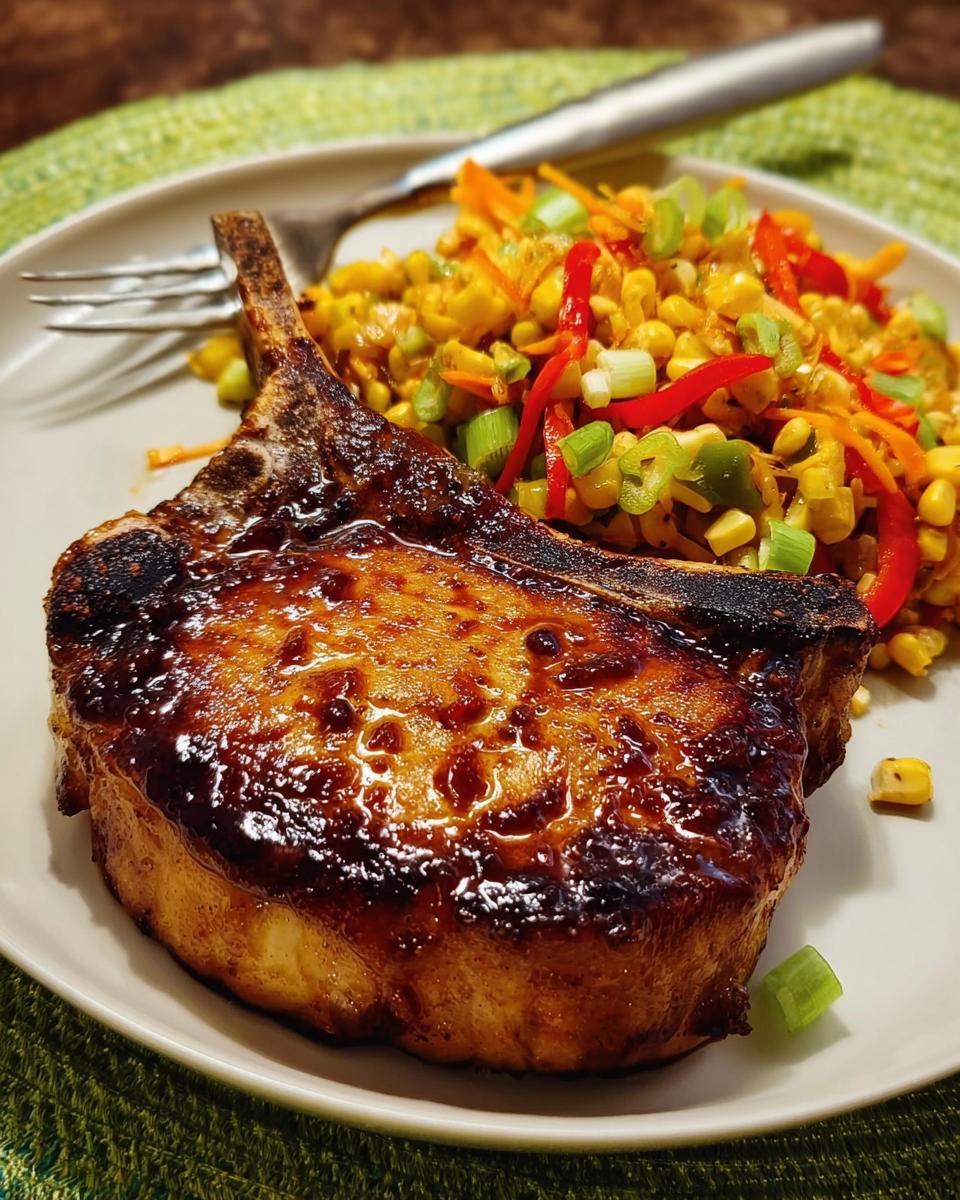 A thick, glazed bone-in pork chop served with a colorful corn and vegetable side dish, illustrating how to make pork chops recipes like a pro.