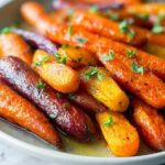 Close-up of glazed, roasted rainbow carrots garnished with fresh thyme, perfect for Veggie Sides Recipes Meal Prep.