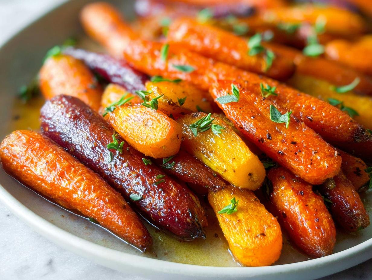 Close-up of glazed, roasted rainbow carrots garnished with fresh thyme, perfect for Veggie Sides Recipes Meal Prep.