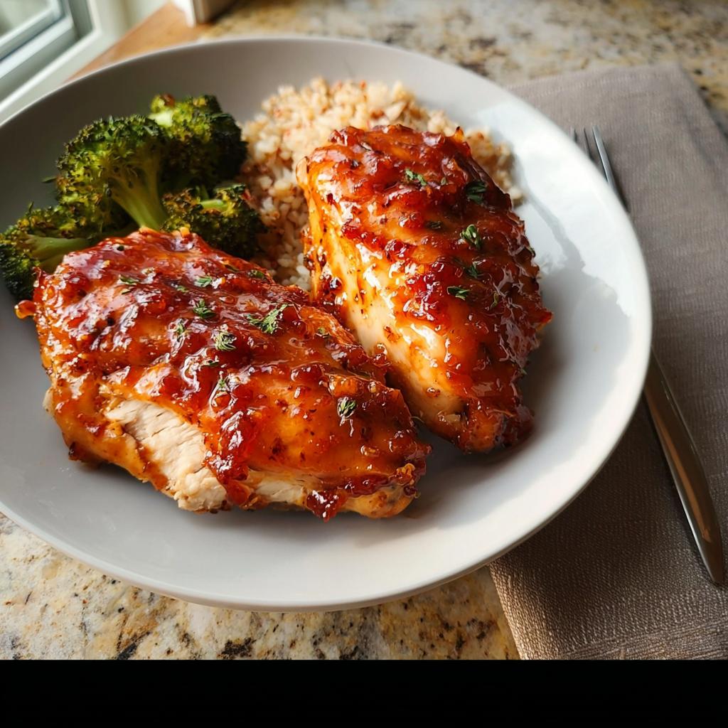 Two glazed chicken breasts served with brown rice and steamed broccoli, perfect for Easy Dinner Recipes in 25 Minutes.