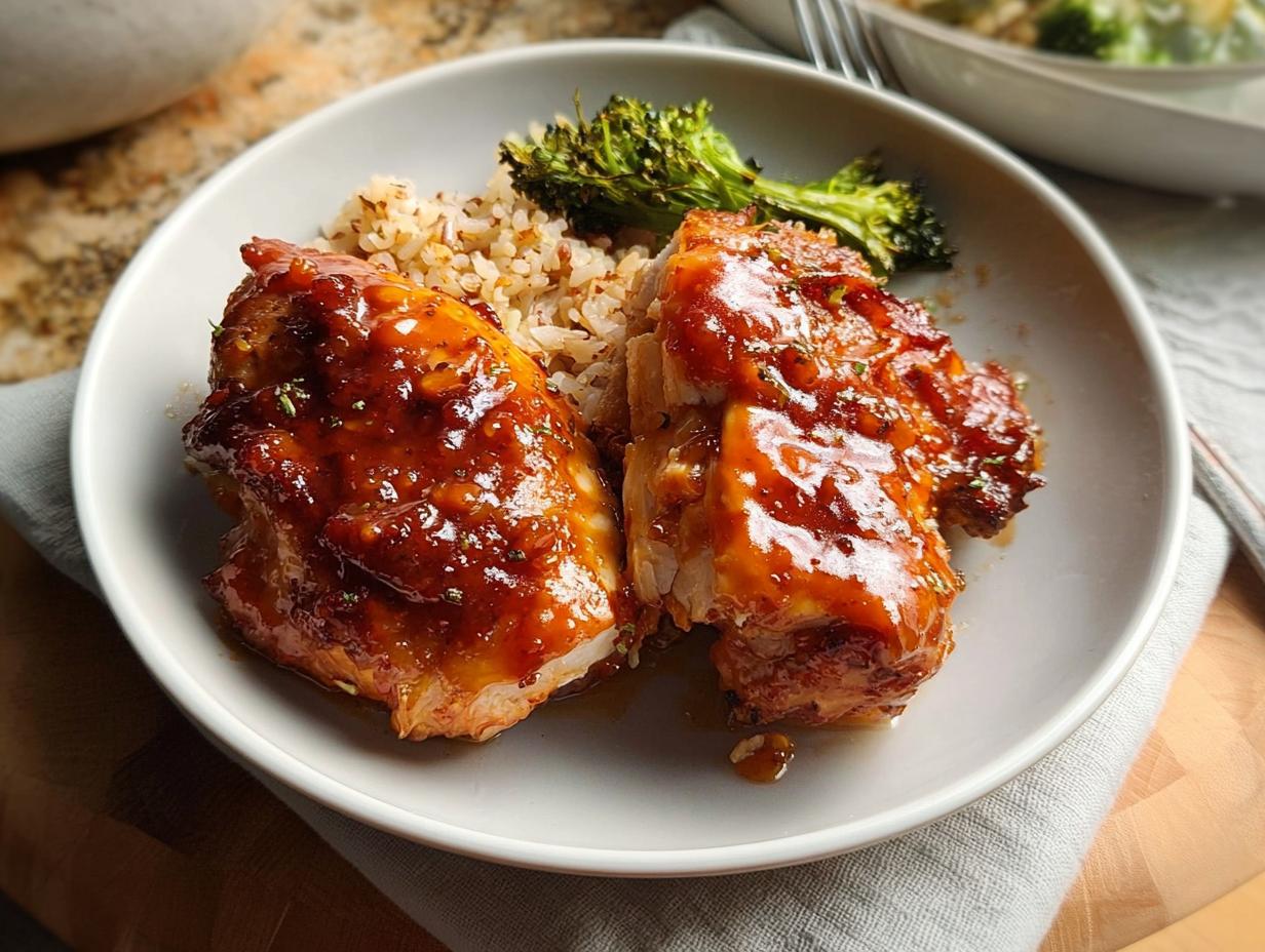 A plate featuring glazed chicken thighs served with brown rice and roasted broccoli, perfect for Easy Dinner Recipes in 25 Minutes.