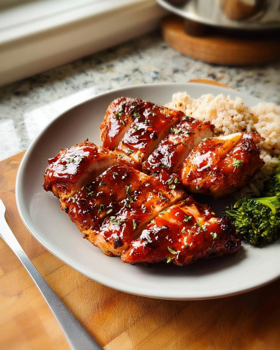 Sliced, glazed chicken breast served with brown rice and broccoli, perfect for Easy Dinner Recipes in 25 Minutes.