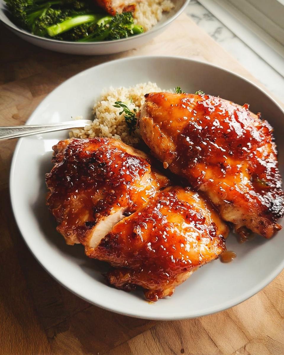 Three pieces of glazed, sticky chicken served with rice, part of an Easy Dinner Recipes in 25 Minutes.