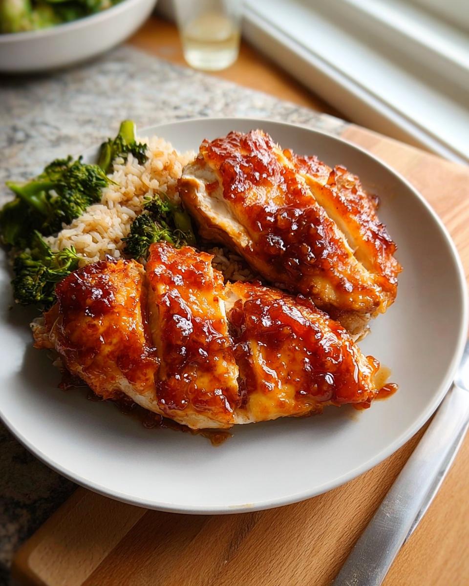 A plate featuring glazed chicken breast served with brown rice and steamed broccoli, perfect for Easy Dinner Recipes in 25 Minutes.