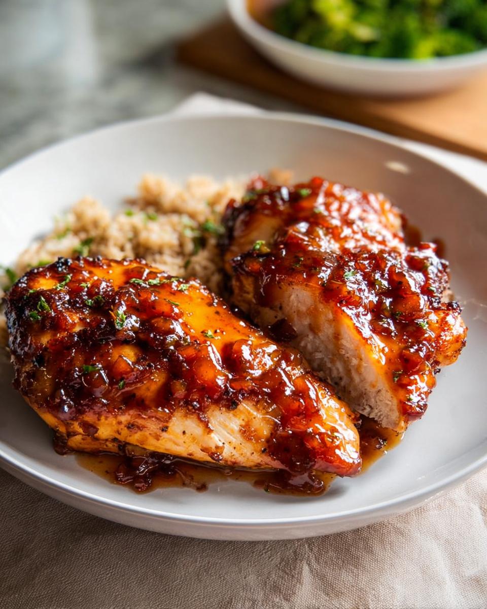 Two glazed chicken breasts served with brown rice, perfect for Easy Dinner Recipes in 25 Minutes.