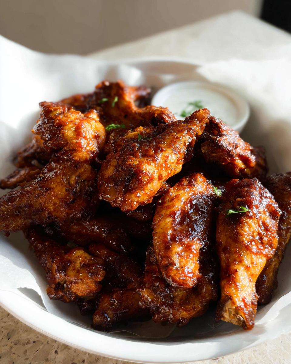 A close-up of sticky, glazed chicken wings recipes in 20 minutes, served in a white bowl with a side of ranch dip.