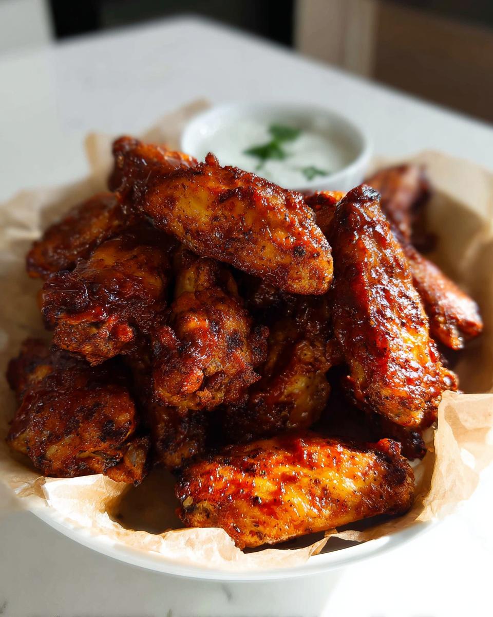 A pile of glossy, saucy chicken wings served on parchment paper with a side of white dipping sauce.