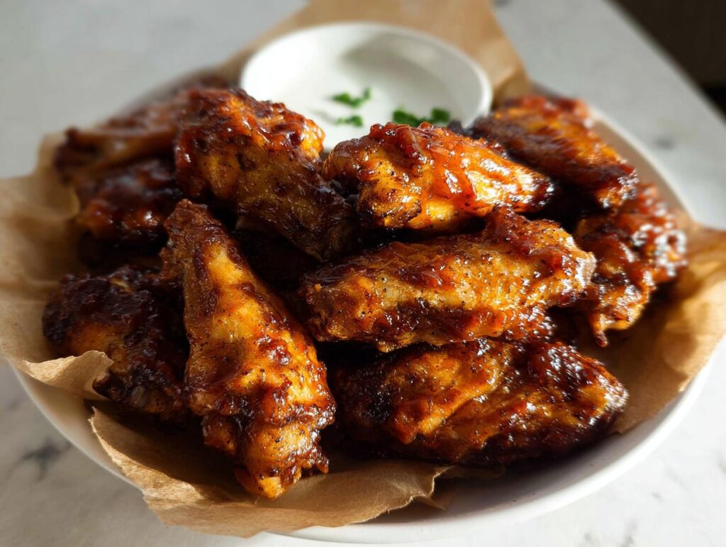 A close-up of saucy, glazed chicken wings piled high on a plate, perfect for quick Chicken Wings Recipes in 20 Minutes.