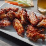 A plate of glossy, caramelized chicken wings, served with celery and carrots in the background.