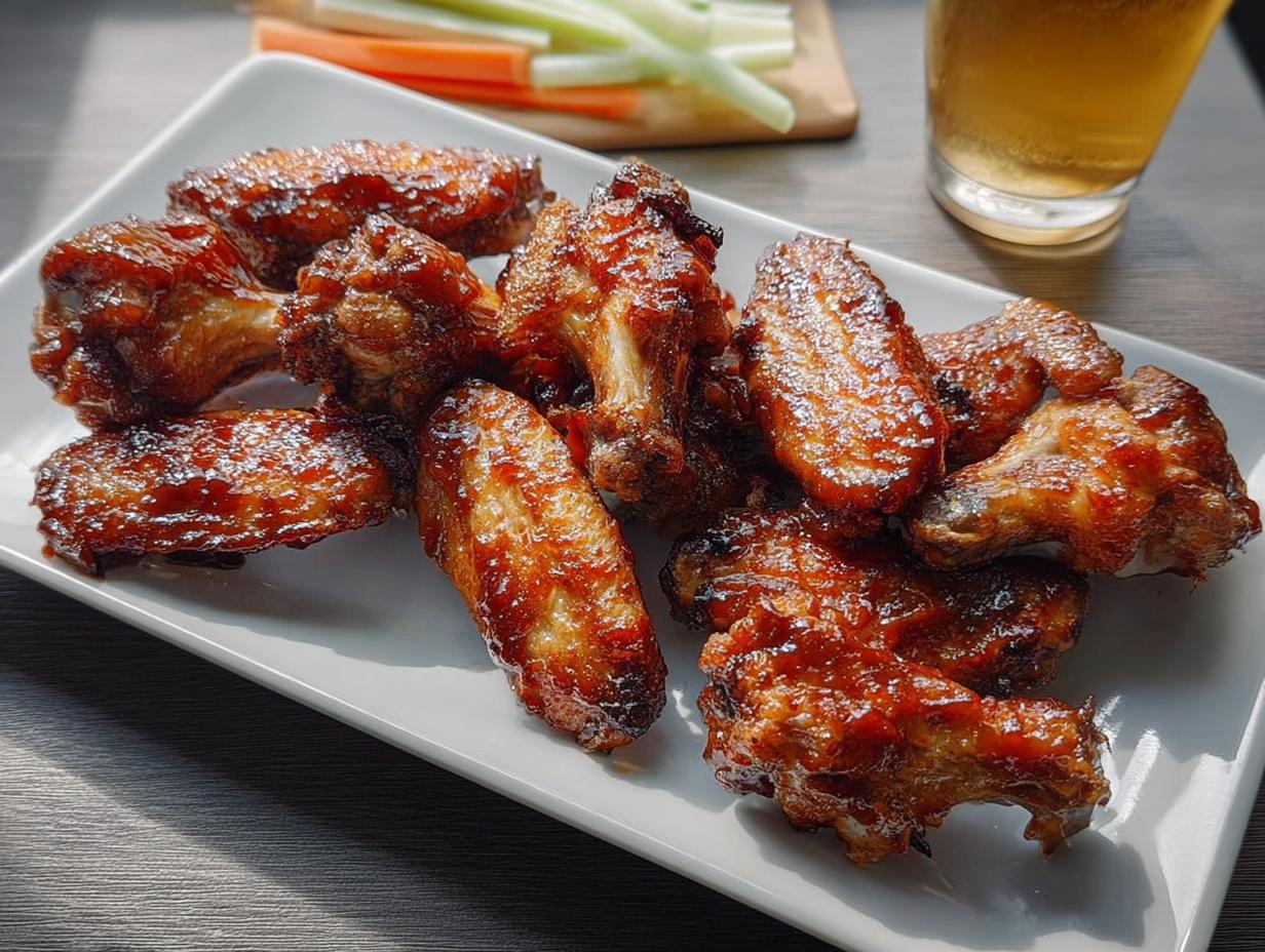 A plate of glossy, caramelized chicken wings, served with celery and carrots in the background.