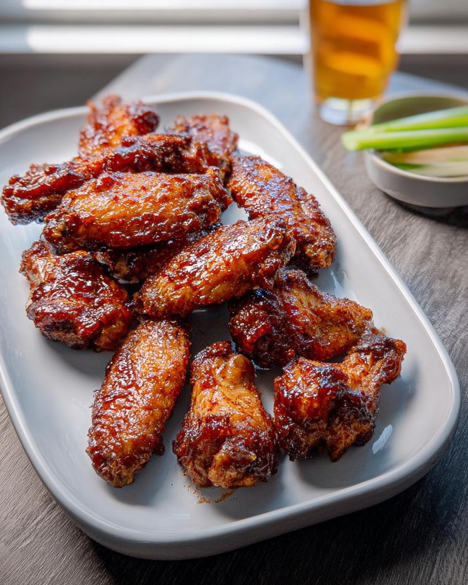 Close-up of glossy, saucy chicken wings recipes served on a white rectangular plate.