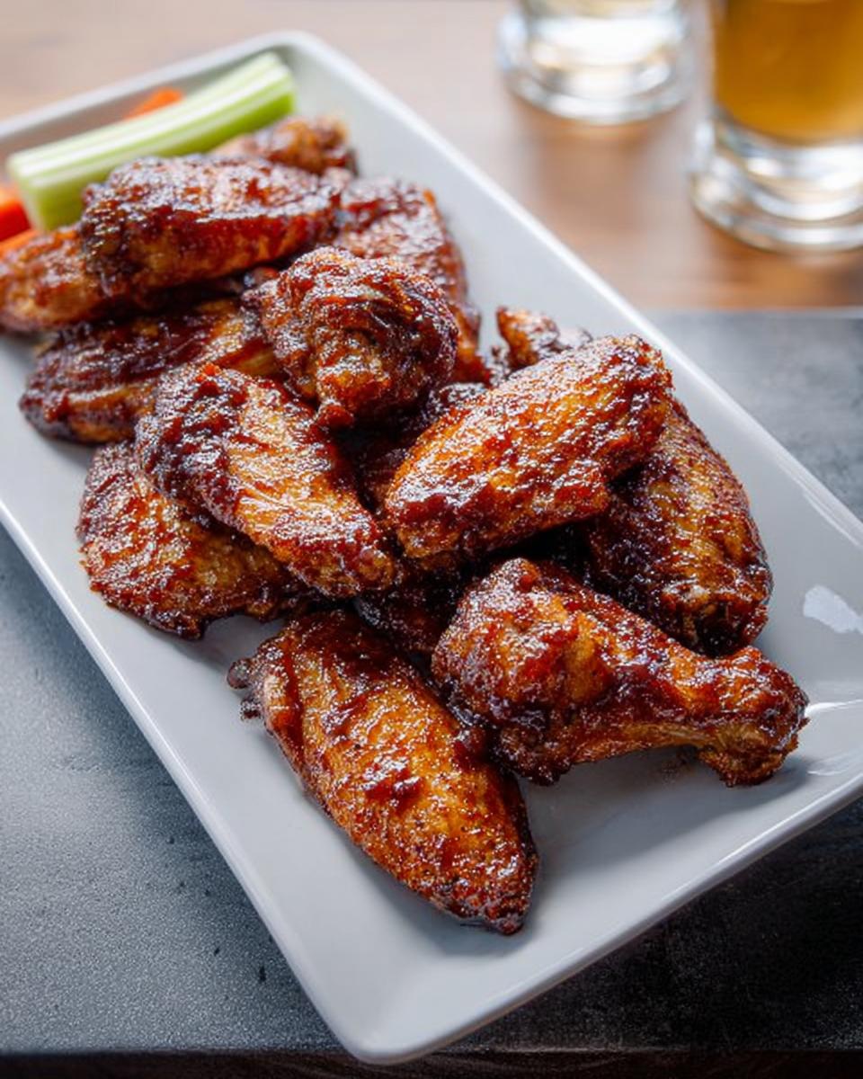 A white platter filled with sticky, glazed chicken wings, served with celery and carrot sticks.